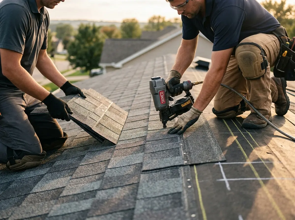 Professional roofer working on a residential roof in Pratt
